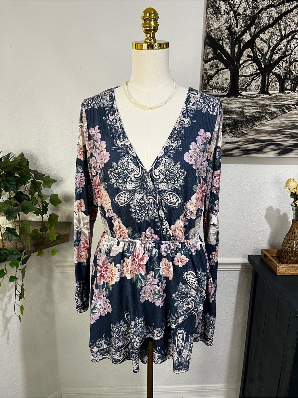 Jealous Tomato Navy Floral Wrap Romper with Pink Accents